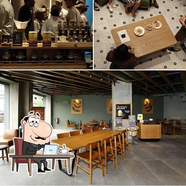 Take a seat at one of the tables at Starbucks