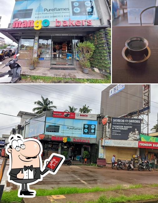This is the picture showing exterior and food at Mango Bakers