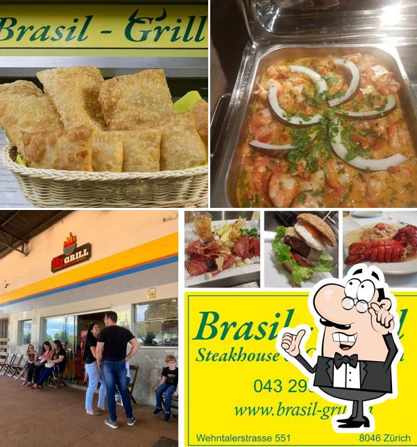 Dê uma olhada a ilustração mostrando interior e comida no Br Grill Restaurante