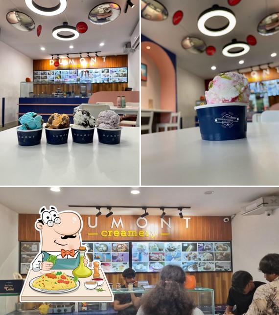 Take a look at the photo showing food and interior at Dumont Creamery