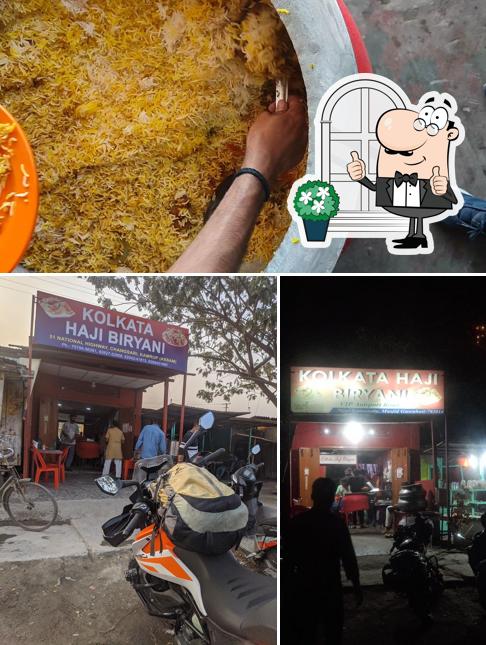Check out the picture showing exterior and food at Kolkata Haji Biryani