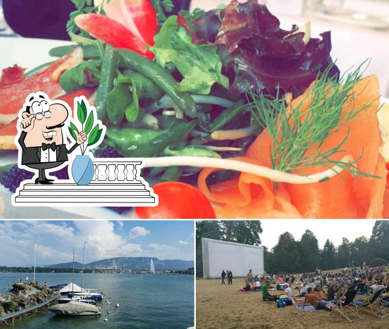 Questa è la immagine che raffigura la esterno e cibo di Restaurant la Perle du Lac