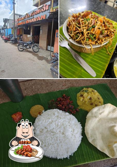 This is the image displaying food and exterior at Hotel Manoj Bhavan