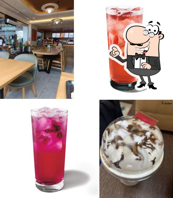 Take a seat at one of the tables at Starbucks