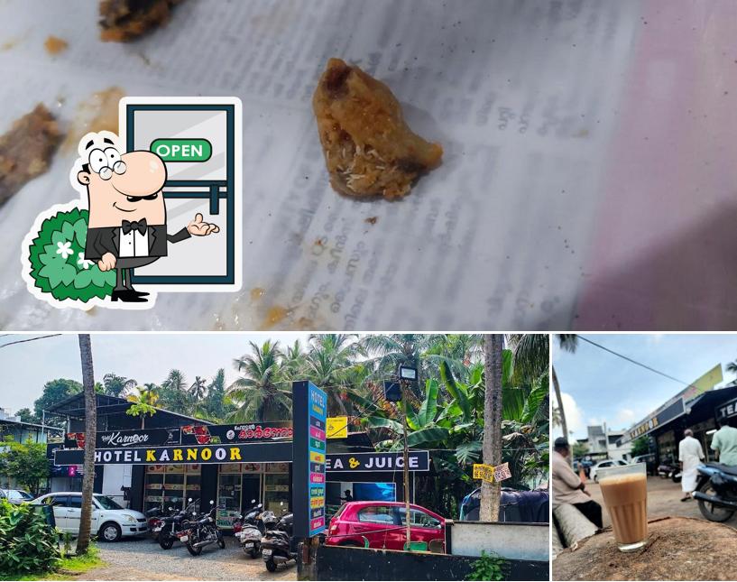 Take a look at the picture showing exterior and food at Hotel Karnoor