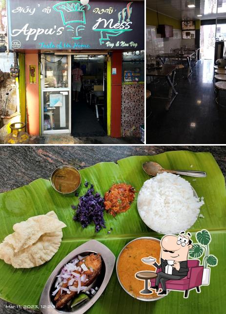 This is the picture showing interior and food at Appu's Mess