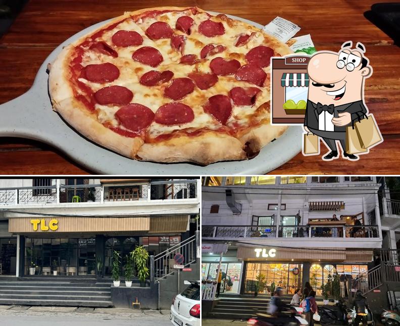 The restaurant's exterior and pizza