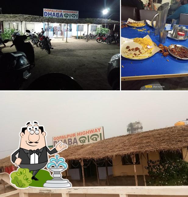 Among different things one can find exterior and dining table at Gopalpur Highway Dhaba