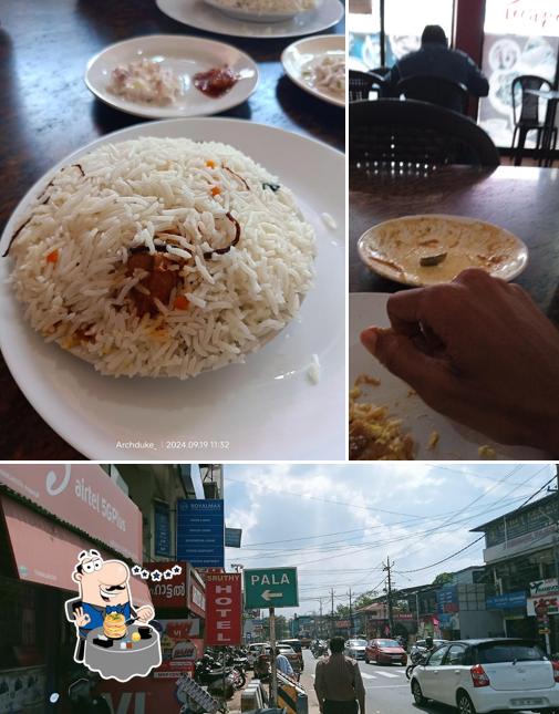 Take a look at the image depicting food and exterior at Sruthy Hotel