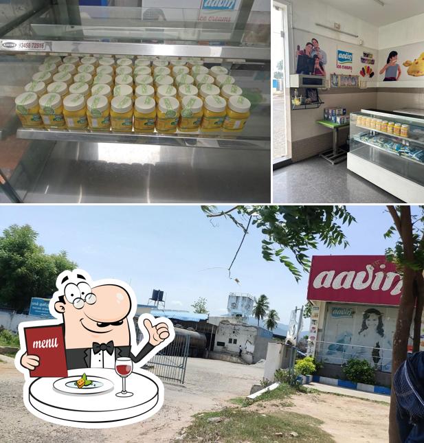 This is the picture depicting food and exterior at Aavin Junction