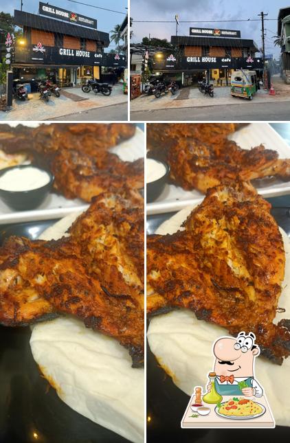 Take a look at the photo displaying food and exterior at Grill House Cafe Restaurant