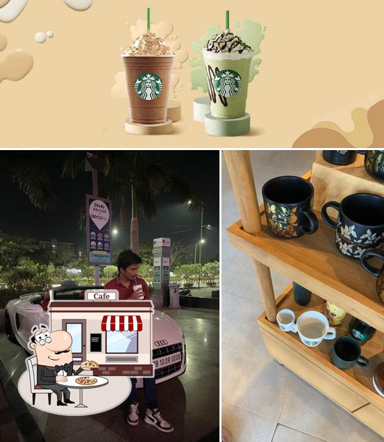 Among different things one can find exterior and food at Starbucks