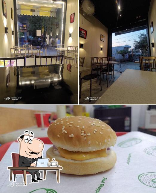 Take a look at the photo showing interior and food at Agra Burger Club