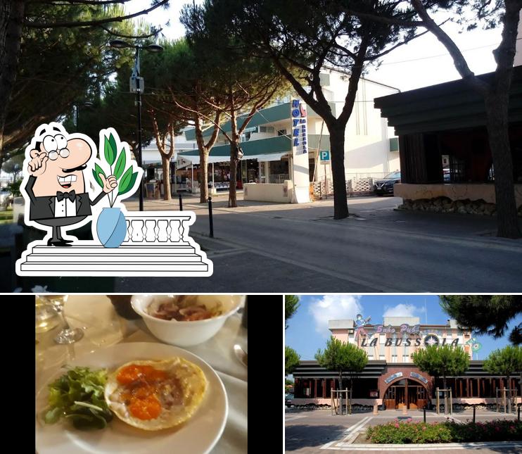 Questa è la immagine che presenta la esterno e cibo di Ristorante Pizzeria La Bussola Lido delle Nazioni