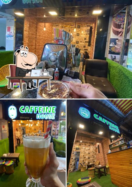 Take a look at the image showing interior and beverage at Caffeine House