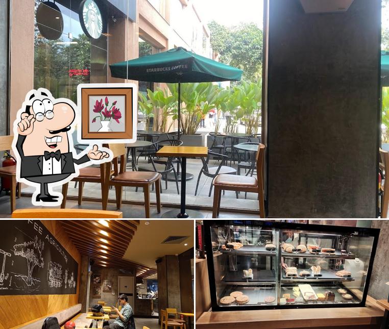 Take a seat at one of the tables at Starbucks