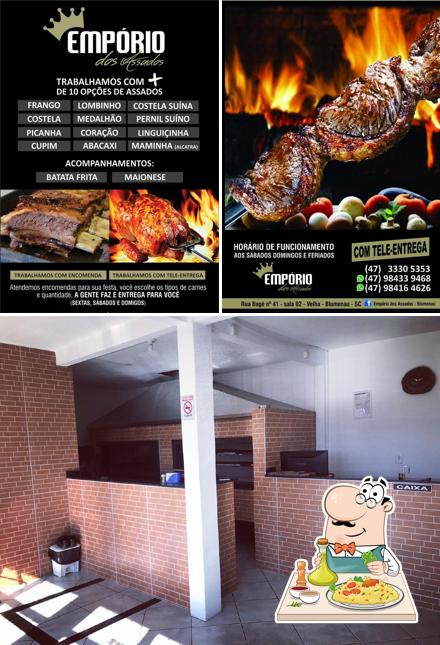 Confira a ilustração ilustrando comida e interior no Assadão Empório dos Assados Blumenau