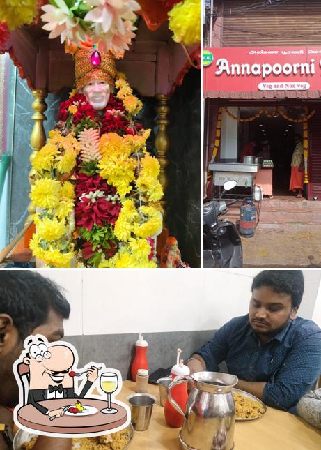 The picture of food and exterior at AnnaPoorani Mess