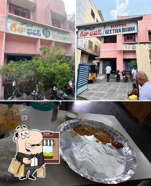 Check out the photo showing exterior and food at New Geetha Bhavan