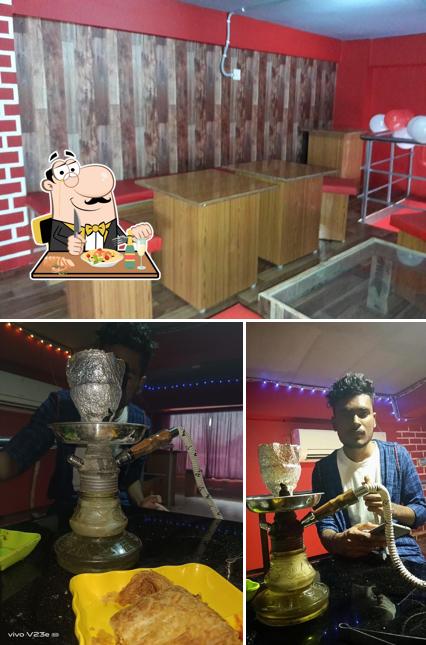 Take a look at the picture showing food and interior at B Lounge