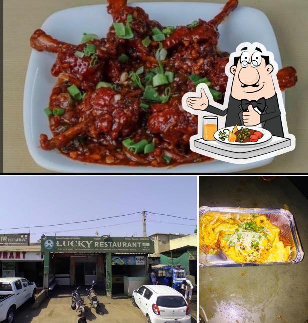 The image of food and exterior at Lucky Restaurant