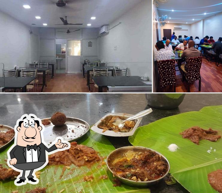 Check out the image displaying interior and food at Sethuram Mess