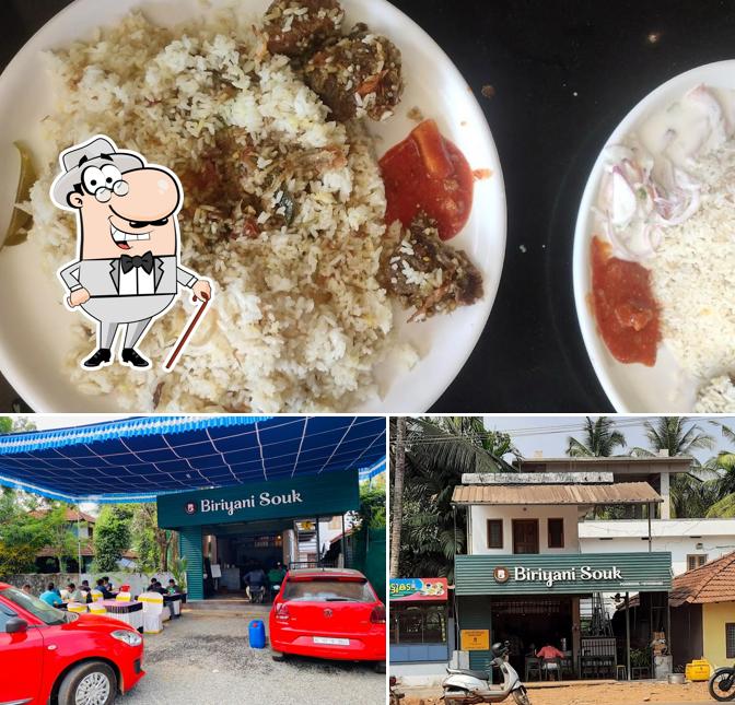 Among various things one can find exterior and food at Biriyani Souk