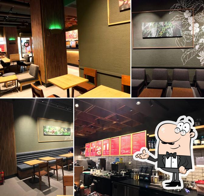 Take a seat at one of the tables at Starbucks