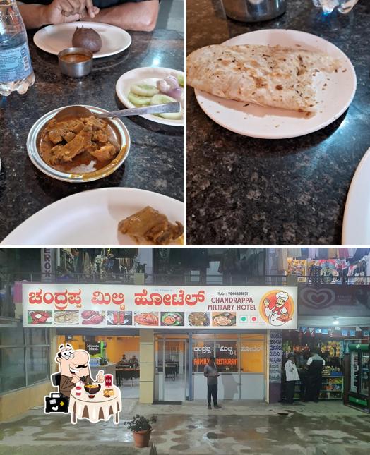 Take a look at the photo showing food and interior at Chandrappa Military Hotel