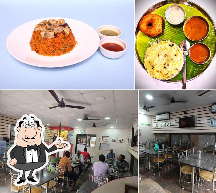 This is the photo showing interior and food at Hotel Madhurasam