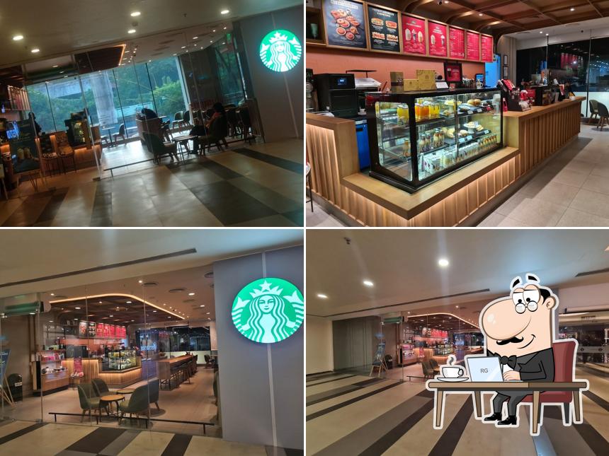 Take a seat at one of the tables at Starbucks