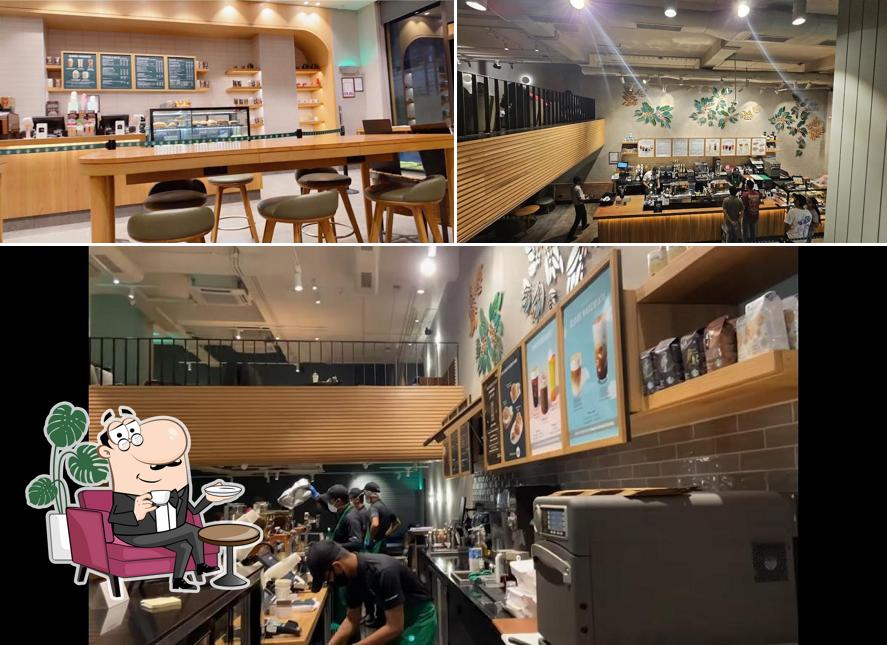 Take a seat at one of the tables at Starbucks
