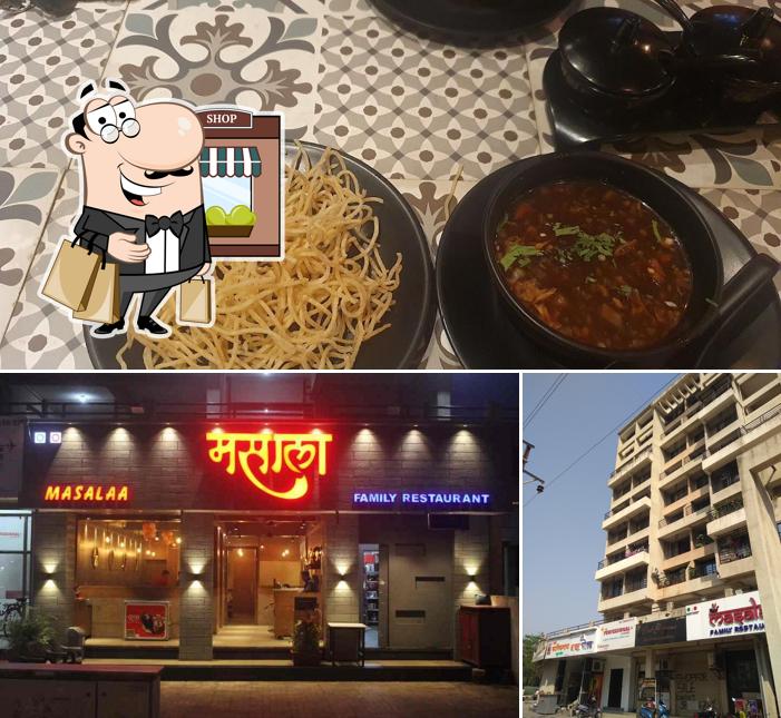 Take a look at the picture depicting exterior and food at Masalaa Family Restaurant