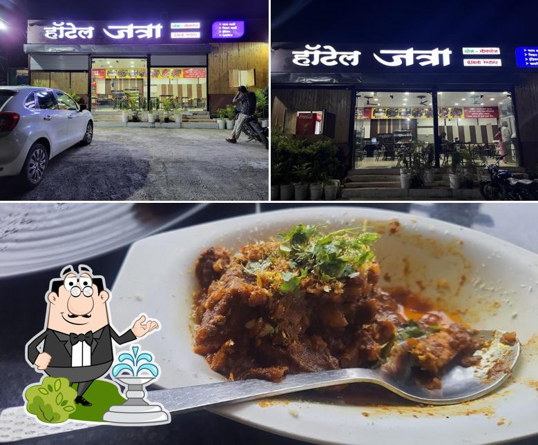 Check out the picture showing exterior and food at Hotel Jatra