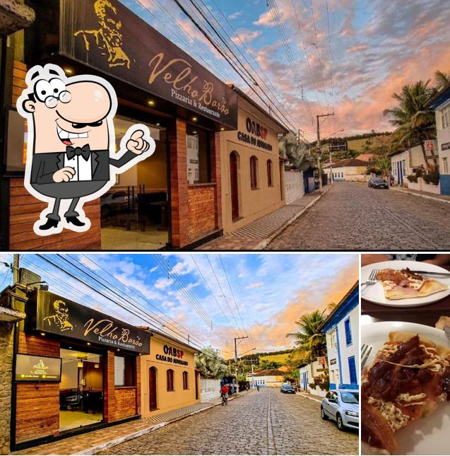 A foto da exterior e comida no Pizzaria e Restaurante Velho Barão