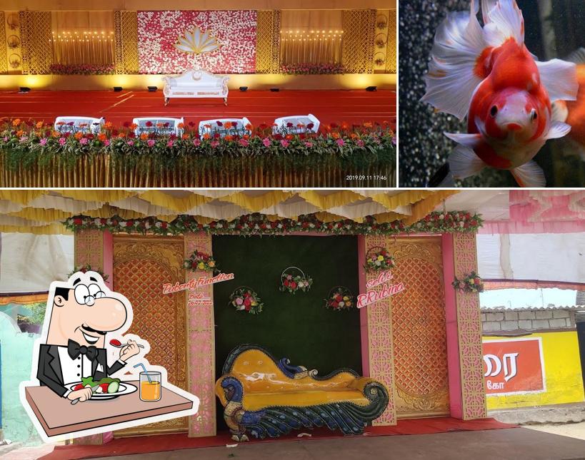 This is the picture showing food and interior at செந்தூர் ஶ்ரீ சிமாட்டி fish aquarium