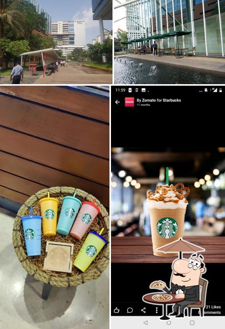 Among various things one can find exterior and drink at Starbucks