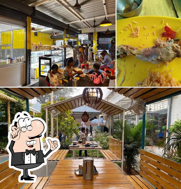 Take a look at the image depicting interior and food at Prakash Food Park