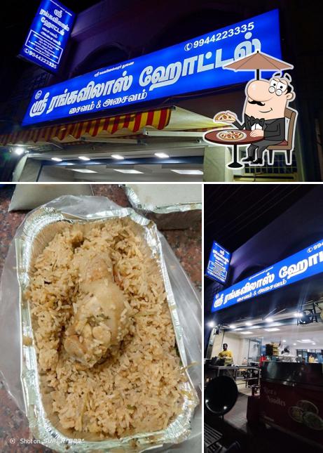 Take a look at the image showing exterior and food at Sri Rangavilas