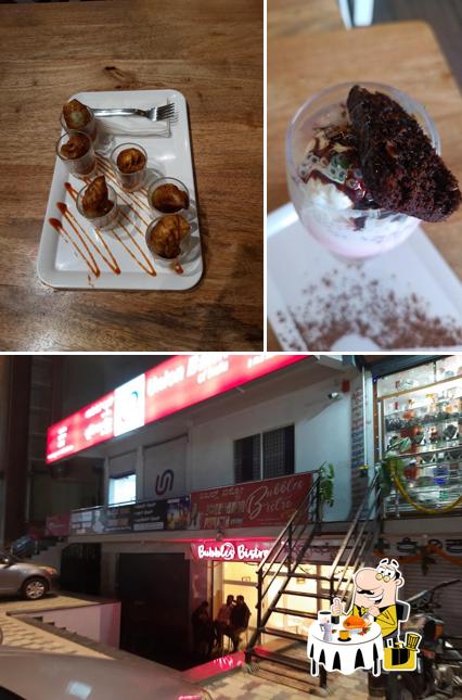 Check out the picture displaying food and exterior at Bubbles bistro
