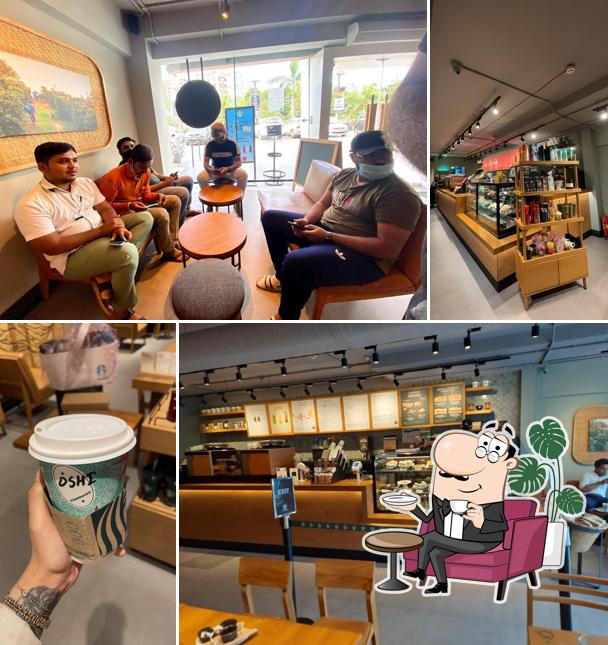 Take a seat at one of the tables at Starbucks