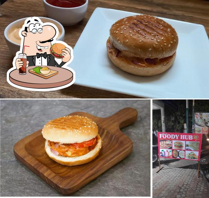 Get a burger at FOODY HUB PIZZA KHARAR