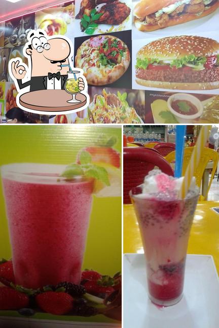 Check out the image displaying drink and burger at Panchgani Cafeteria