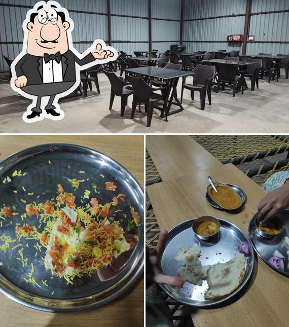 Check out the image depicting interior and food at Hotel keshar Dhaba
