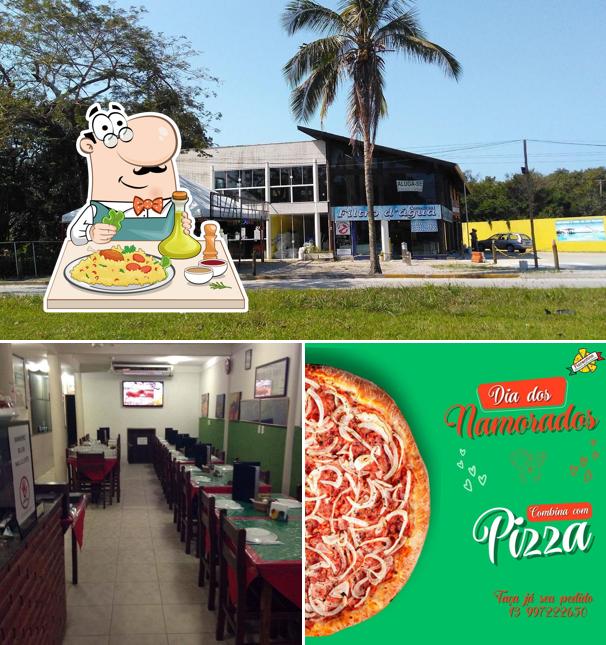 Confira a ilustração mostrando comida e exterior a Pizzaria e Pastelaria Fiorentina