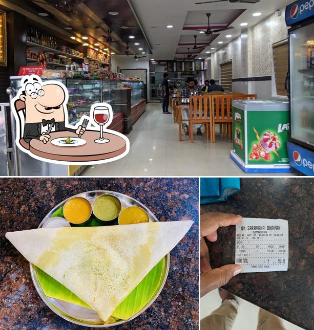 Among different things one can find food and interior at Om Saravana Bhavan Pure Veg Restaurant
