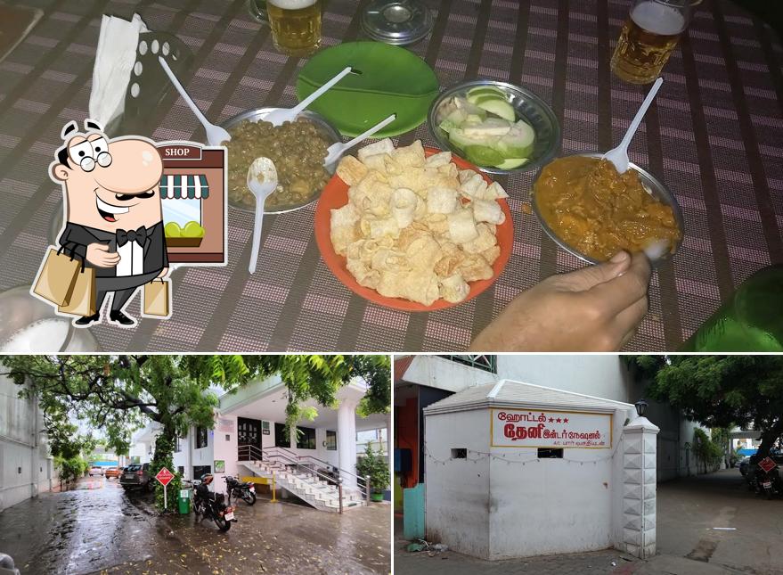 Among various things one can find exterior and food at Hotel Theni International (3 Star Luxury Hotel)