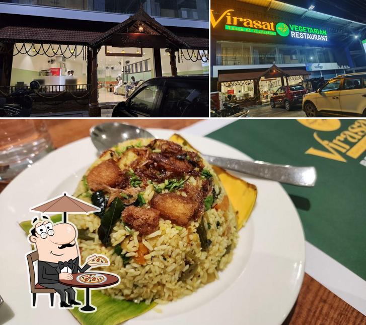 This is the picture displaying exterior and food at Virasat Pure Veg Restaurant