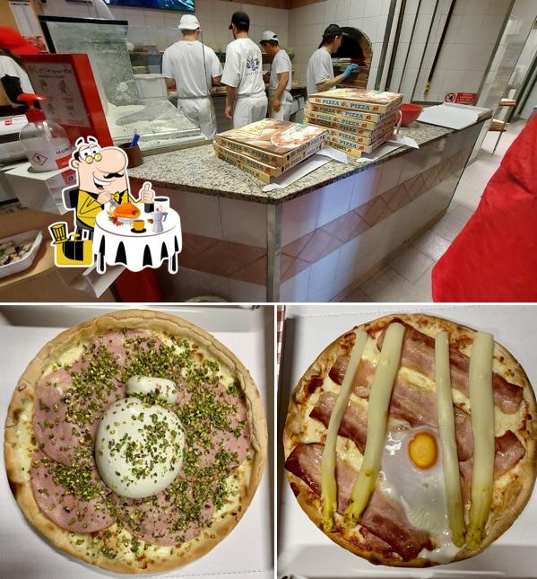 Questa è la immagine che presenta la cibo e interni di Turbo Pizza