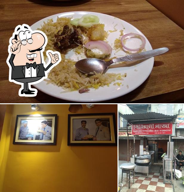 Check out the image depicting interior and food at Biriyani Plaza